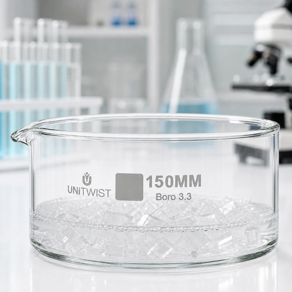 Cristallisoir ø150mm verre borosilicaté UNiTWIST Coupelle plate en verre de 150 mm UNiTWIST Boro 3.3 contenant des glaçons, en laboratoire
