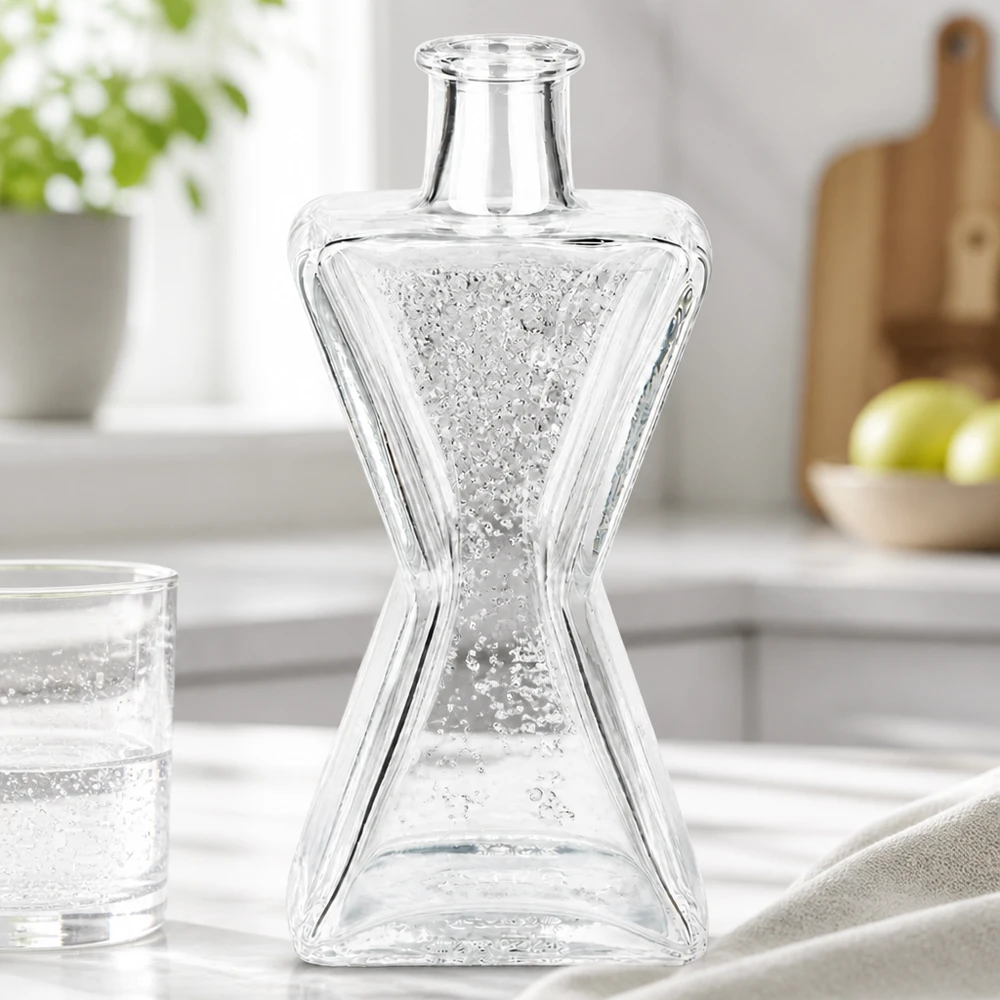 200ml Glasflasche "Star" ohne Verschluss UNiTWIST 200ml Glasflasche Star mit Mineralwasser und Kohlensäure befüllt auf weißer Küchenarbeitsplatte neben Wasserglas