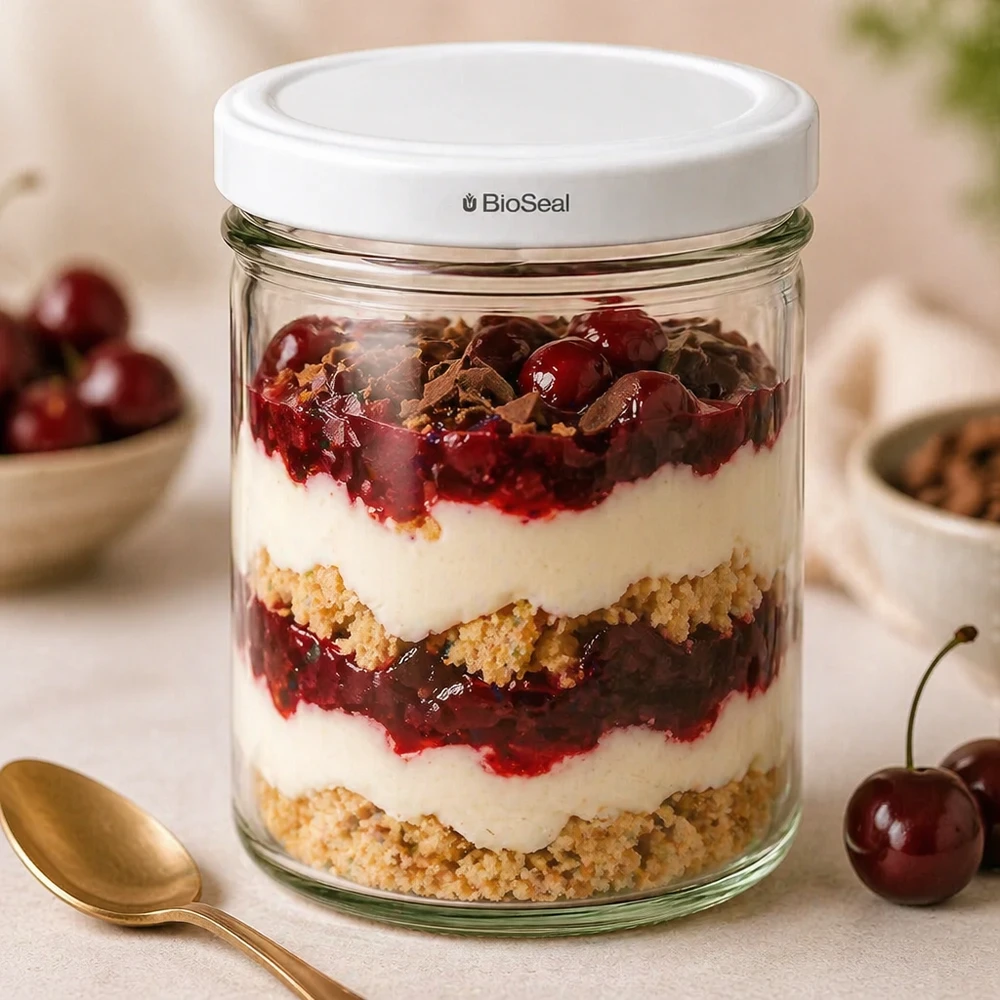 167ml Sturzglas mit BioSeal Deckel weiß UNiTWIST UNiTWIST 167ml Sturz-Glas mit BioSeal Deckel Schichtdessert Kirschkompott Crumble Dessertglas Küchenszene goldener Löffe