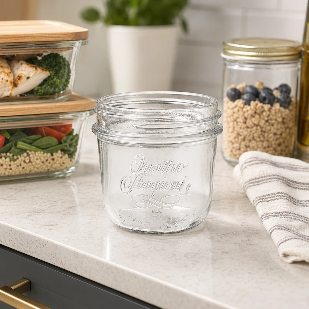 200ml Sturzglas "Quattro Stagioni" QS86mm 200ml Quattro Stagioni Einmachglas mit elegantem Design für Küche Vorratshaltung und Dekoration auf Marmor Arbeitsplatte