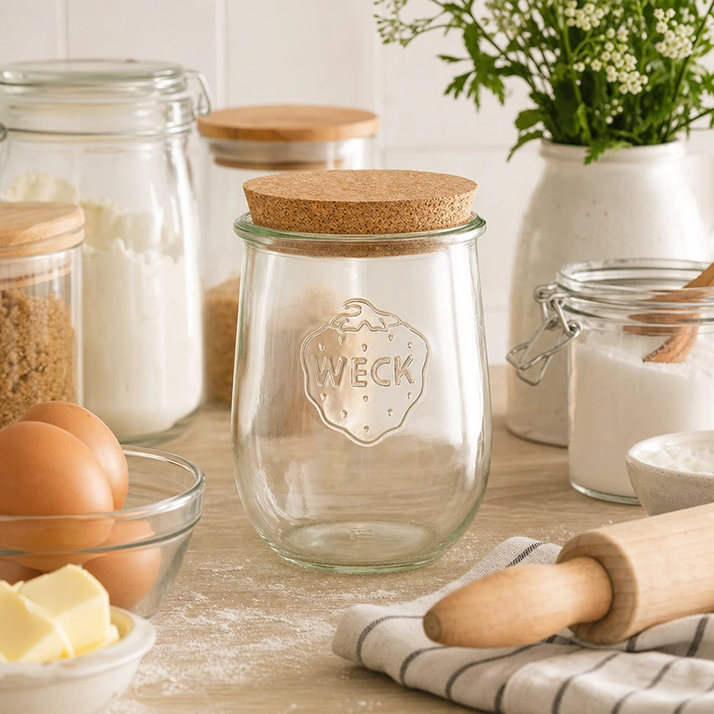 WECK barattolo a tulipano RR100 1062ml con tappo in sughero in un'accogliente cucina da forno accanto a farina, uova e ingredienti da forno Conservazione