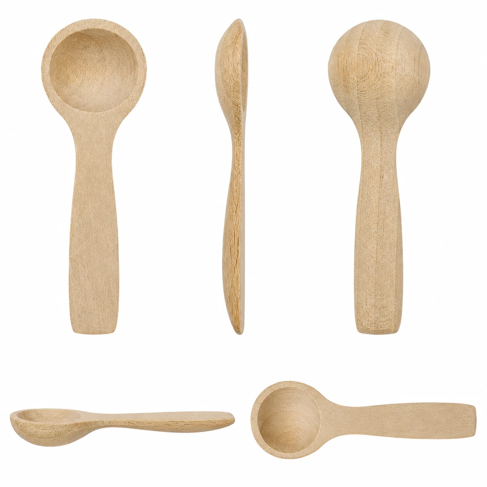 Pala di legno taglia S a forma di cucchiaio lunga 7,7 cm Cinque viste del piccolo cucchiaio di legno di 7,7 cm da diverse angolazioni mostrano la forma e la finitura del cucchiaio in legno di faggio.