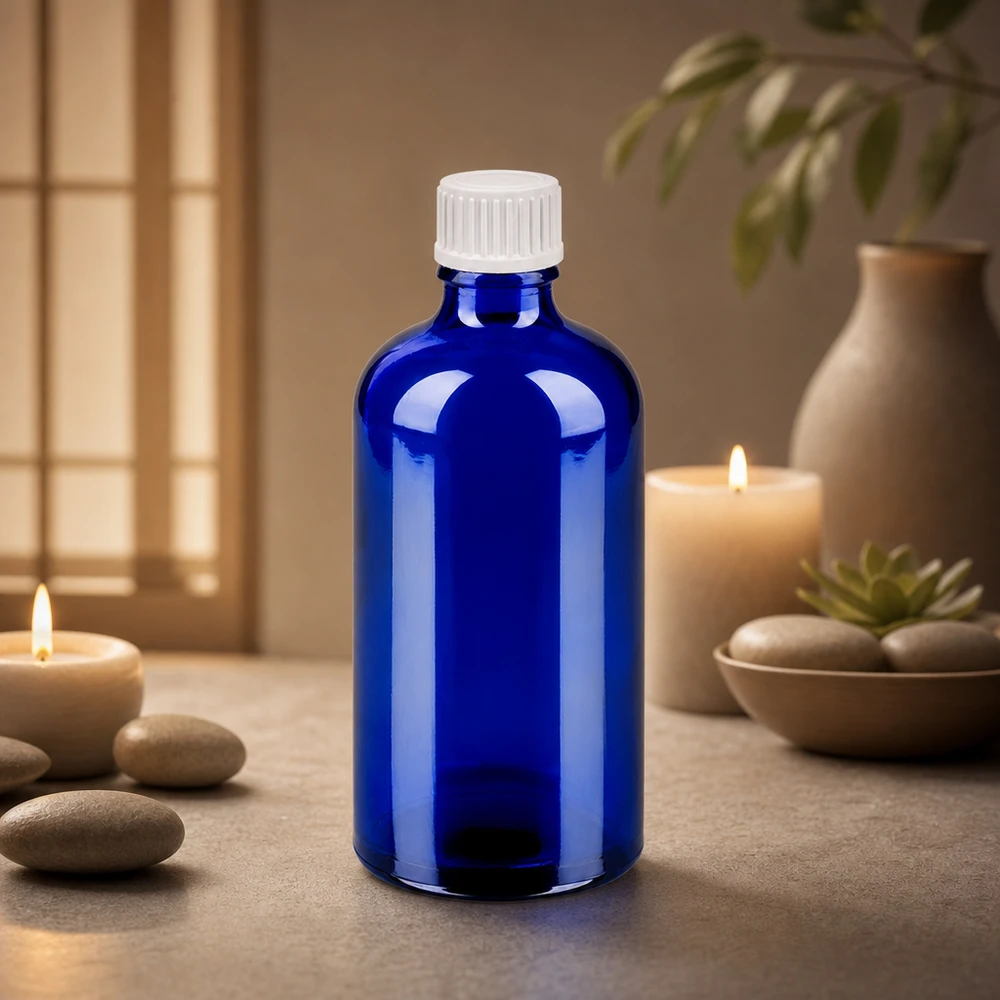 100ml Tropfflasche 0.9mm weiß Standardverschluss BlueLine UT18/100 Laborqualität Blauglasflasche 100ml mit tropfgenauem 0,9mm Verschluss für sterile Lösungen