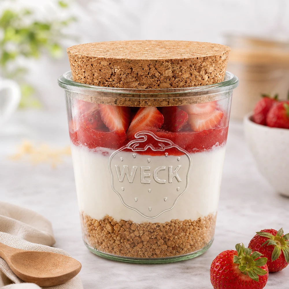 580ml Sturzglas WECK RR100 mit Korken natur WECK Glas 580ml RR100 mit Korken als Dessertglas für Erdbeeren Joghurt Müsli stylisch arrangiert auf weißem Tisch