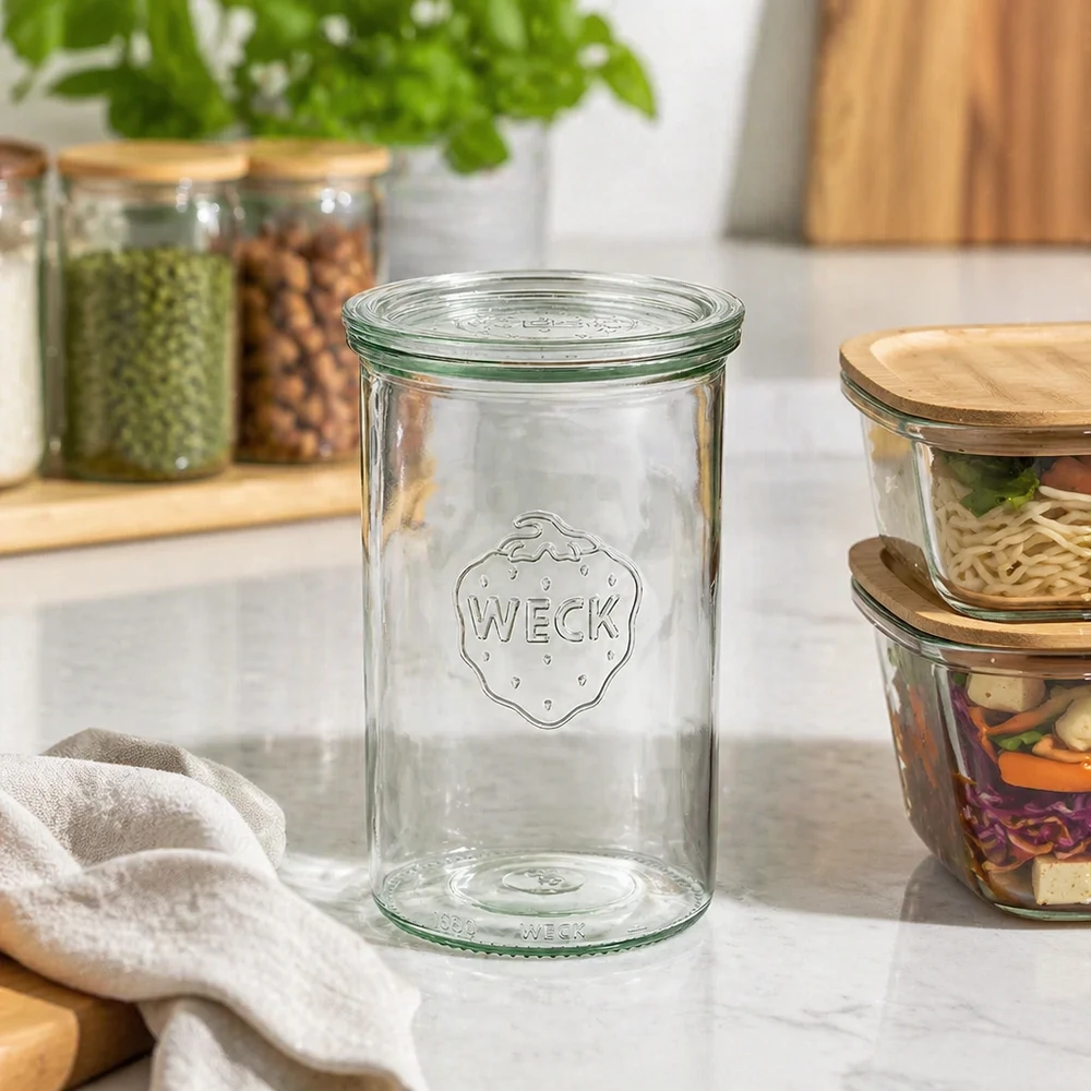1000ml Sturzglas mit Glasdeckel WECK RR100 WECK Einmachglas 1000ml RR100 leer auf Küchenarbeitsplatte zwischen Vorratsgläsern mit Nüssen und Gewürzen