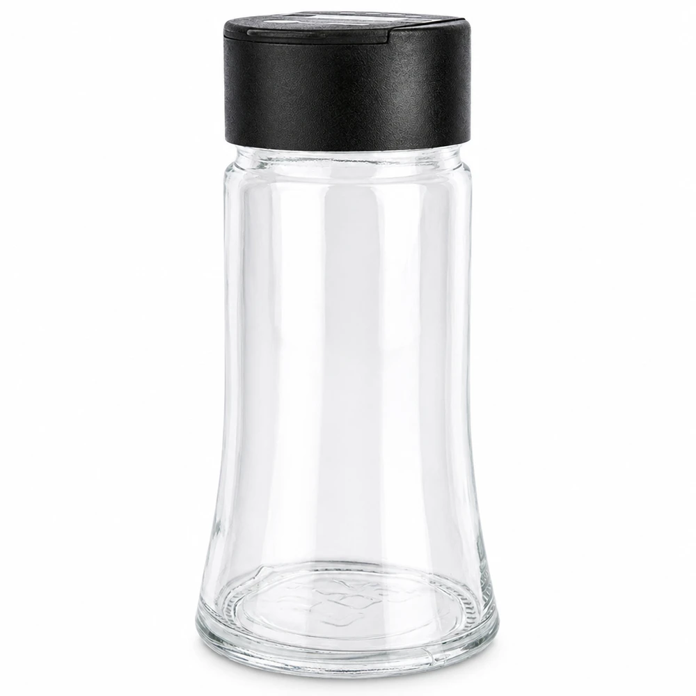 Pot à sel/épices 95 ml avec double saupoudreuse, noir Konisch geformtes Salz- und Gewürzglas 95ml mit praktischem schwarzen Doppelstreuer-Aufsatz