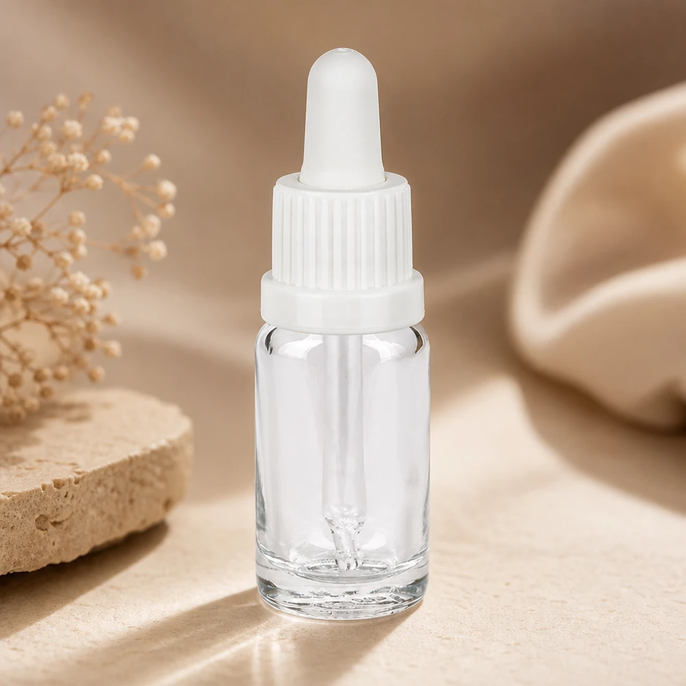 10ml Pipettenflasche weiß Originalitätsverschluss ClearLine UT18/10 Miniaturflasche 10ml Klarglas ClearLine mit weißem Tropfer auf hellem Untergrund