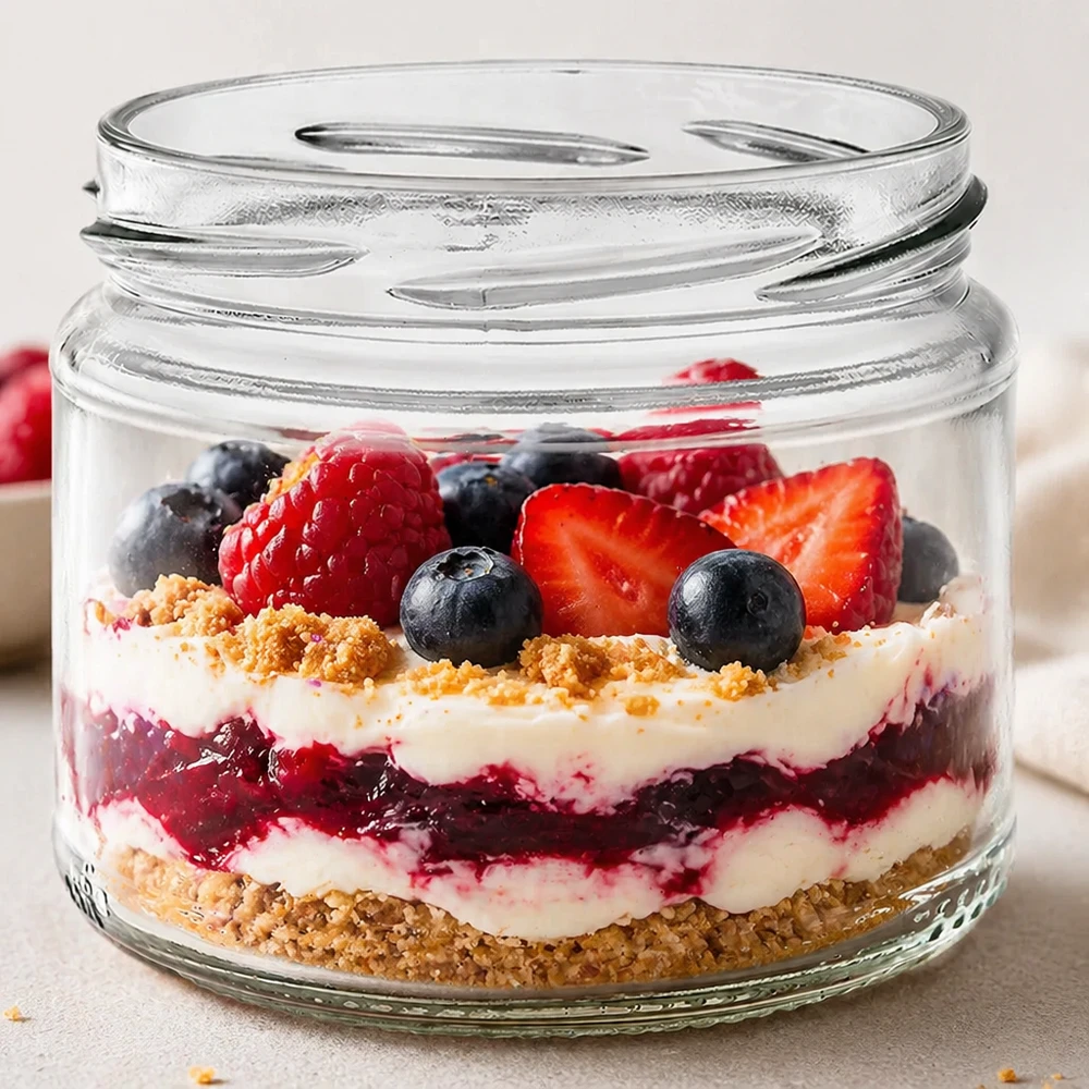 UNiTWIST Runda330 Rundglas mit buntem Beerendessert Schichtdessert Trifle Beeren Sahne Keksboden gefüllt