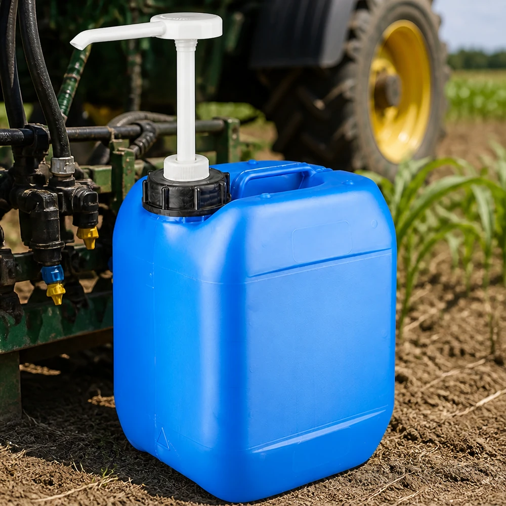 Bidon de 5 litres bleu avec pompe doseuse Bidon bleu de 5 litres équipé d'une pompe doseuse, utilisé dans le cadre d'une exploitation agricole à côté d'un tracteur