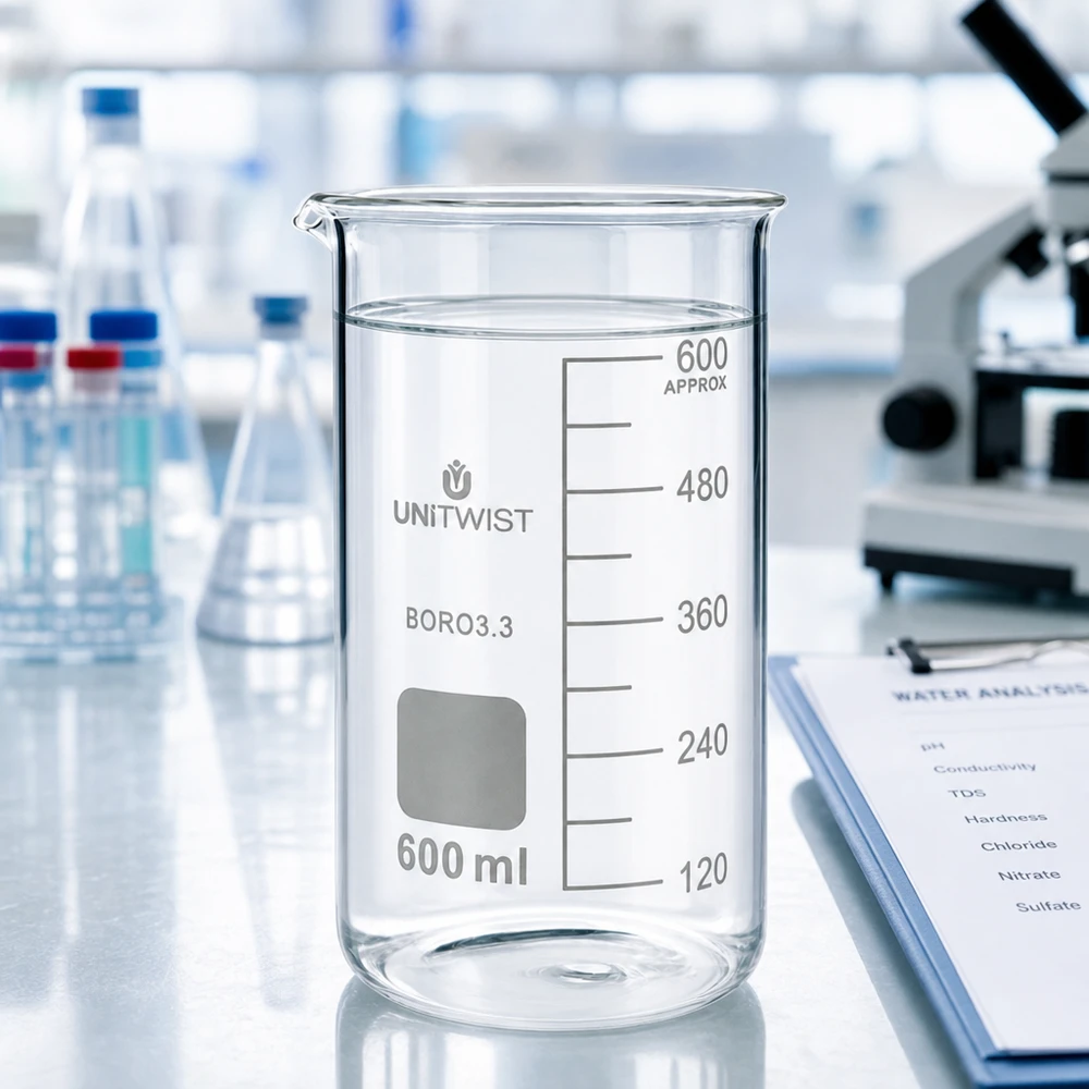 Bicchiere 600ml borosilicato, stampo alto UNITWIST Vaso di vetro UNITWIST da 600 ml, modello alto, in borosilicato, con acqua limpida sul banco di laboratorio accanto al microscopio