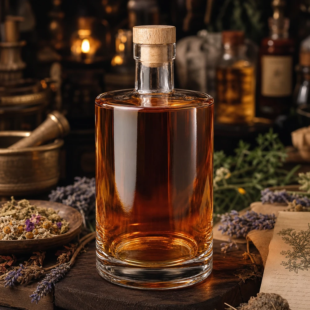 Bottiglia in vetro da 700 ml Marie con tappo in sughero con impugnatura in legno UNiTWIST® Bottiglia da 700 ml in vetro Marie con tappo in legno e contenuto marrone disposto tra erbe secche e lavanda