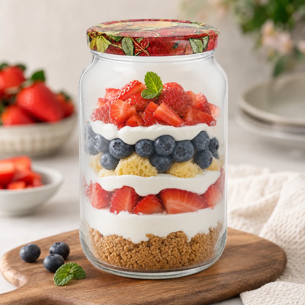 1062ml barattolo rotondo BasicSeal coperchio frutta decorazione dessert a strati bacche crema biscotto base trifle dessert mason jar