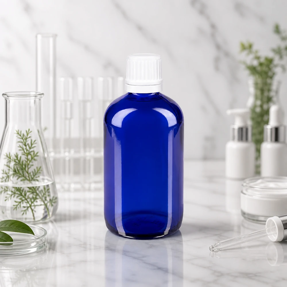 Pharmazeutische 100ml Blauglasflasche mit OV-Verschluss weiß zwischen Laborgeräten und Naturpflanzen