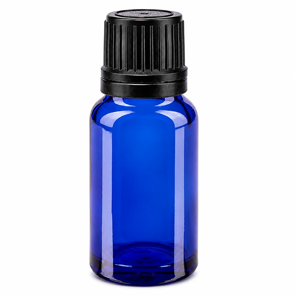 Apothekenflasche blau 10ml Schraubverschluss schwarz Giessring Originalitätsverschluss Apothekerflasche 10ml aus blauem Schutzglas mit schwarzem Sicherheitsverschluss 8mm Gewinde
