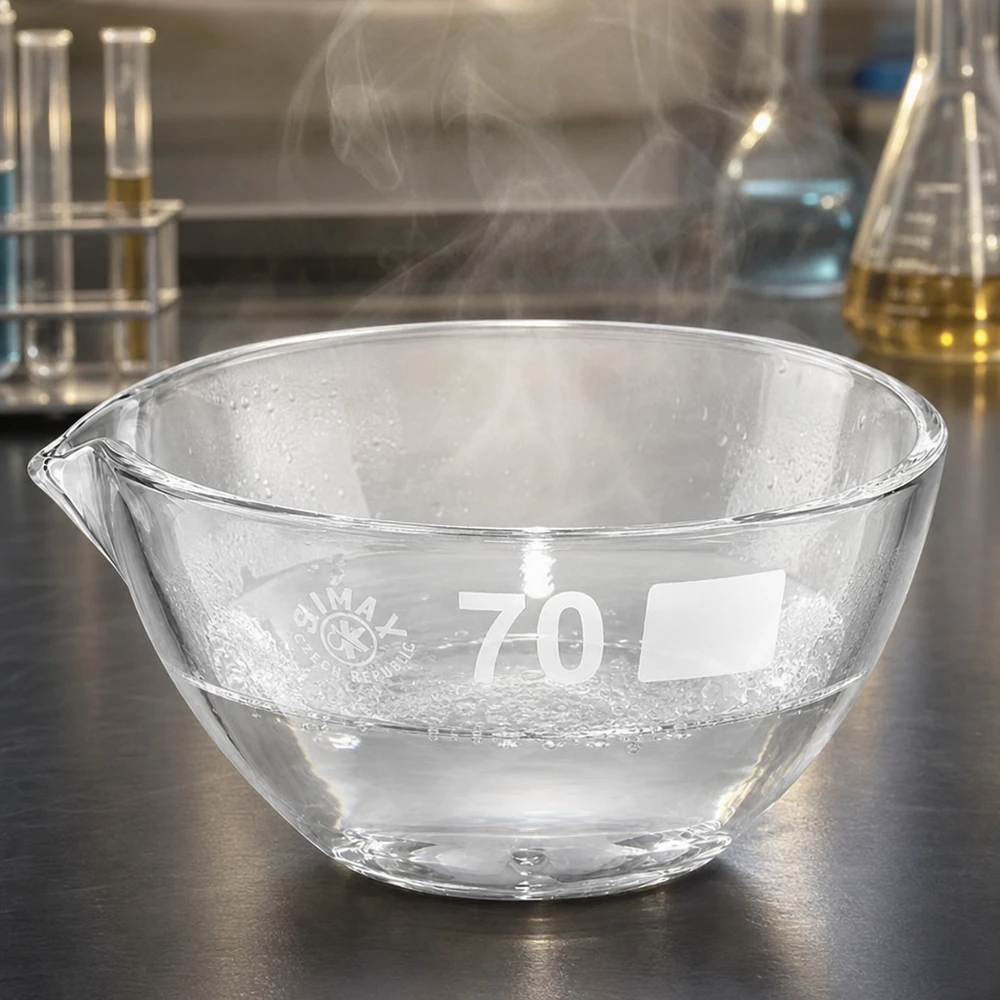 Capsule d’évaporation 60 ml en verre borosilicate, avec bec verseur Bol en verre compact de 70 mm de diamètre avec bec pour verser des liquides de manière contrôlée
