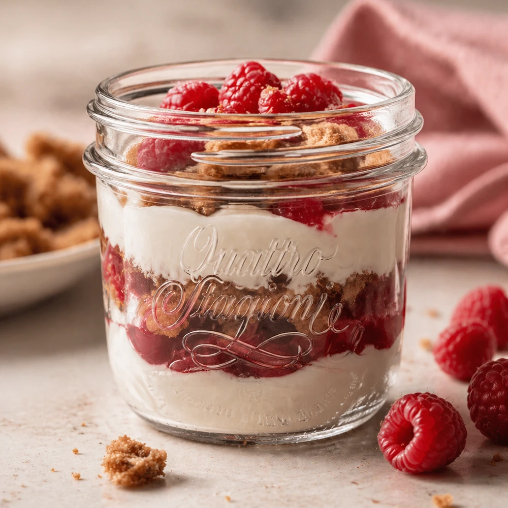 200ml Sturzglas "Quattro Stagioni" QS86mm 200ml Quattro Stagioni Schmuckglas mit Dessert gefüllt, Himbeeren und Kekse, transparentes Einmachglas für Küche