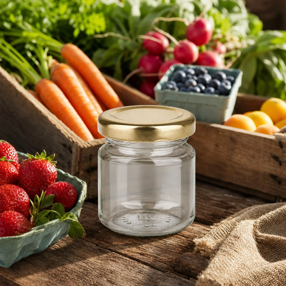 Barattolo rotondo da 53 ml con coperchio BasicSeal oro UNiTWIST UNiTWIST in vetro rotondo da 53 ml con coperchio BasicSeal dorato su un tavolo di legno circondato da frutta e verdura fresca.