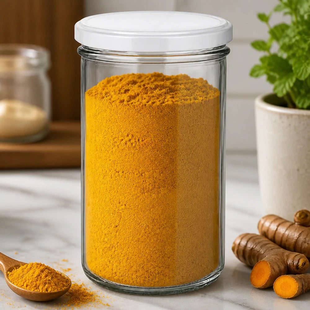 Barattolo da 277 ml riempito di curcuma in polvere - conservazione delle spezie in un barattolo da conserva con coperchio bianco BasicSeal