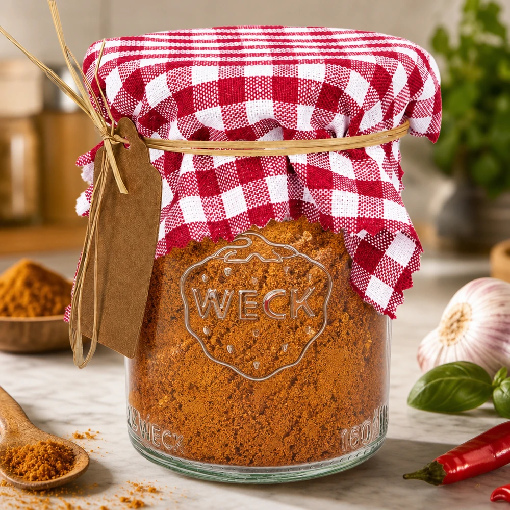 Centrino per gioielli in tessuto a quadretti bordeaux 12 cm quadrati Centrino decorativo a scacchiera bordeaux di 12 cm quadrati su vaso per spezie WECK con paprika ed erbe aromatiche nella cucina della casa di campagna
