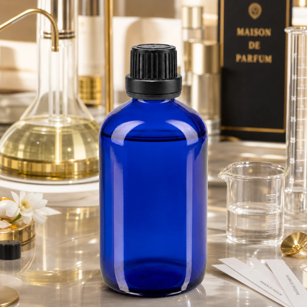 Apothekenflasche blau 100ml Schraubverschluss schwarz Dichteinlage Originalitätsverschluss Apothekerflasche 100ml in Blau mit 11mm Sicherheitsverschluss für Duftöle und Parfümherstellung