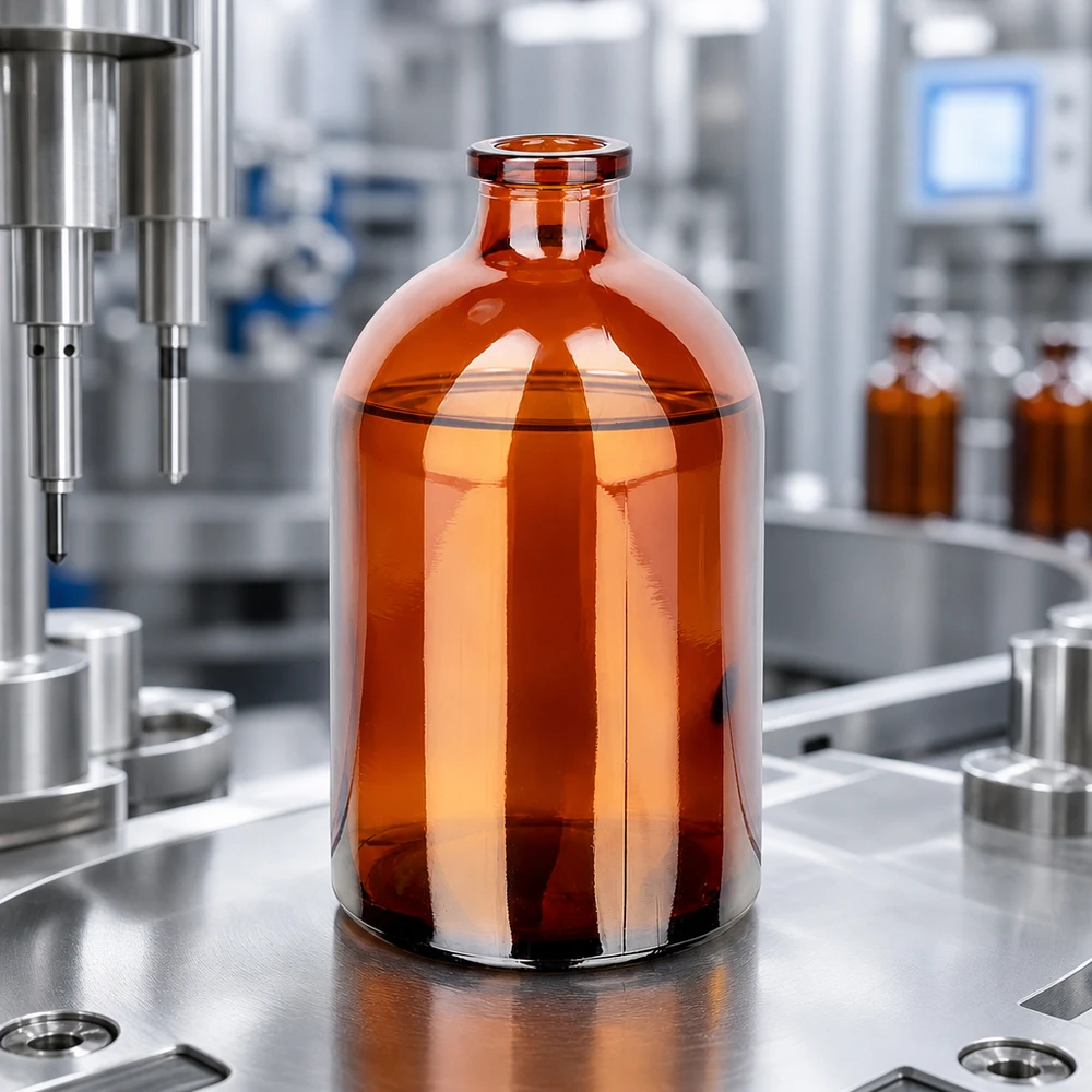 Flacone per iniezione in vetro ambrato 100ml Sterile Injektionsflasche 100ml aus Braunglas auf Edelstahlunterlage neben Abfüllnadel