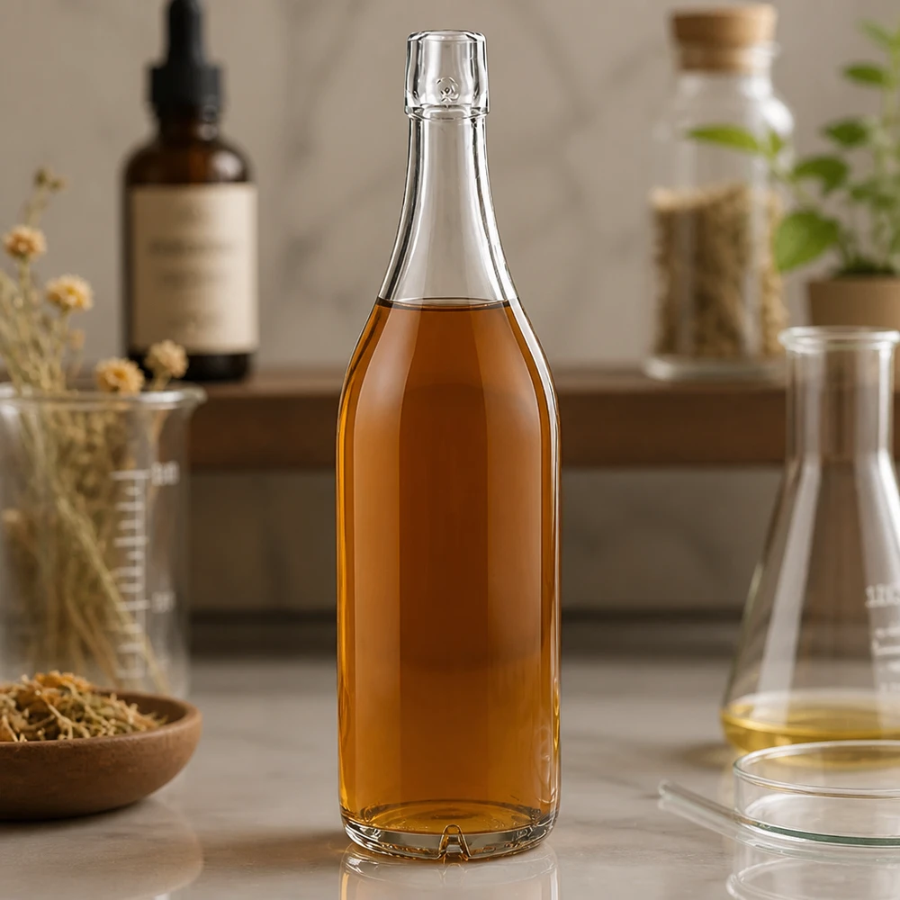 Bottiglia di vetro 1000ml UNiTWIST con contenuto ambrato in un ambiente naturale di cucina con erbe e bottiglie