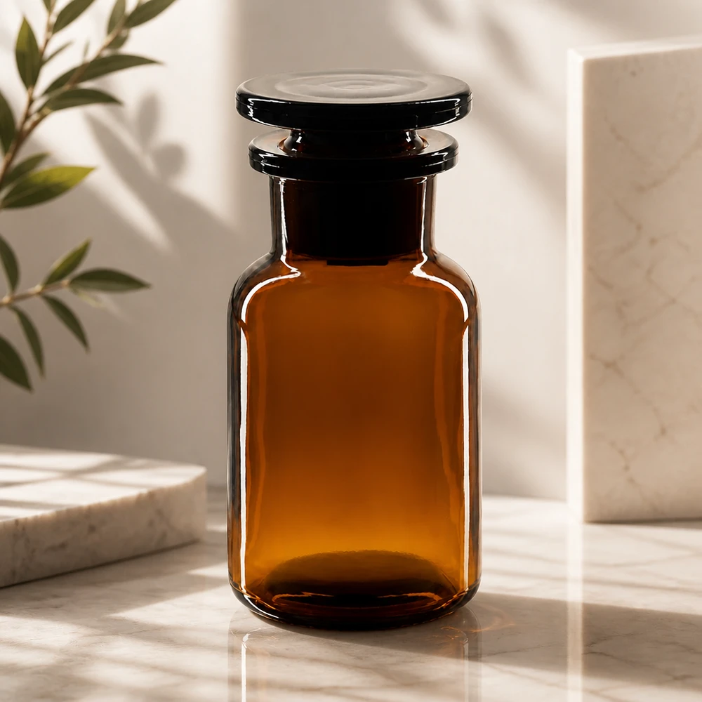 Bottiglia in vetro ambrato a spalla arrotondata da 100 ml, a collo largo, con tappo in vetro, protezione dai raggi UV, al riparo dalla luce