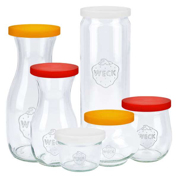 Coperchio in silicone bianco UNiTWIST per WECK RR80 Set di barattoli WECK con coperchi bianchi in silicone UNiTWIST RR80 diverse dimensioni Applicazione esempio conservazione