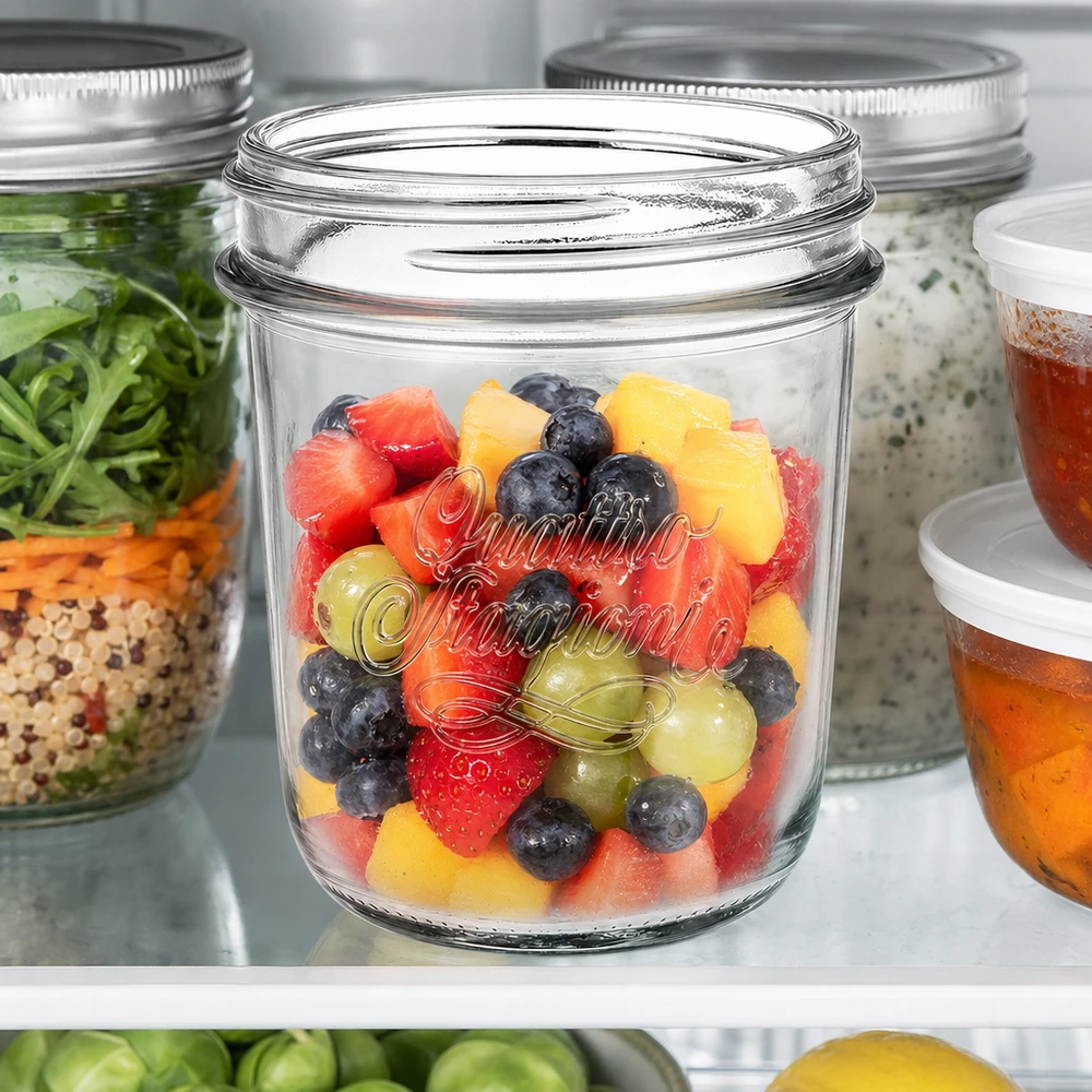 320ml Sturzglas "Quattro Stagioni" QS86mm 320ml Sturzglas Quattro Stagioni mit buntem Obstsalat im Kühlschrank, Einmachglas für Meal Prep und Vorratshaltung