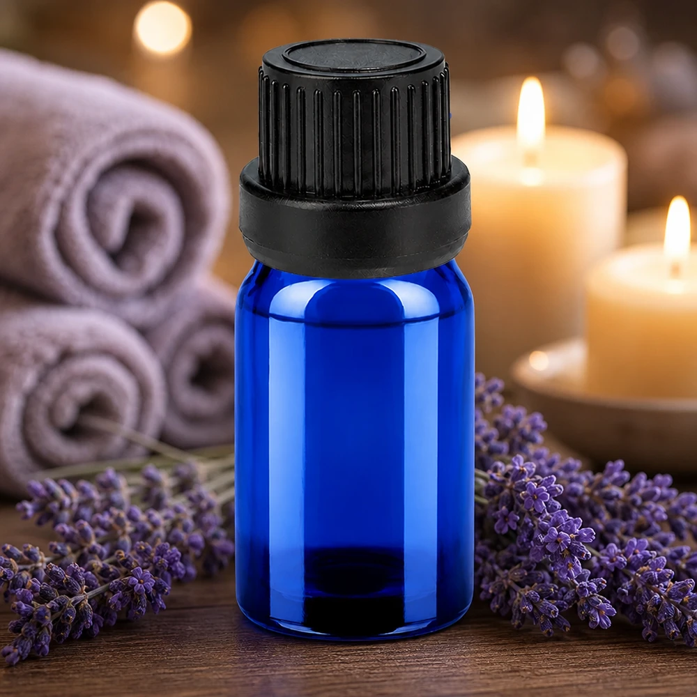 Flacone in vetro blu soffiato a bocca da 5 ml con robusto tappo contagocce nero OV BlueLine