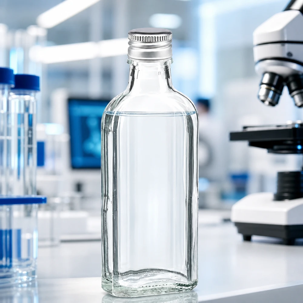 100 ml Meplat klar mit Alu Verschluss silber PP22 Hochwertige 100ml Klarglasflasche Meplat mit silbernem PP22 Verschluss für Pharmazie