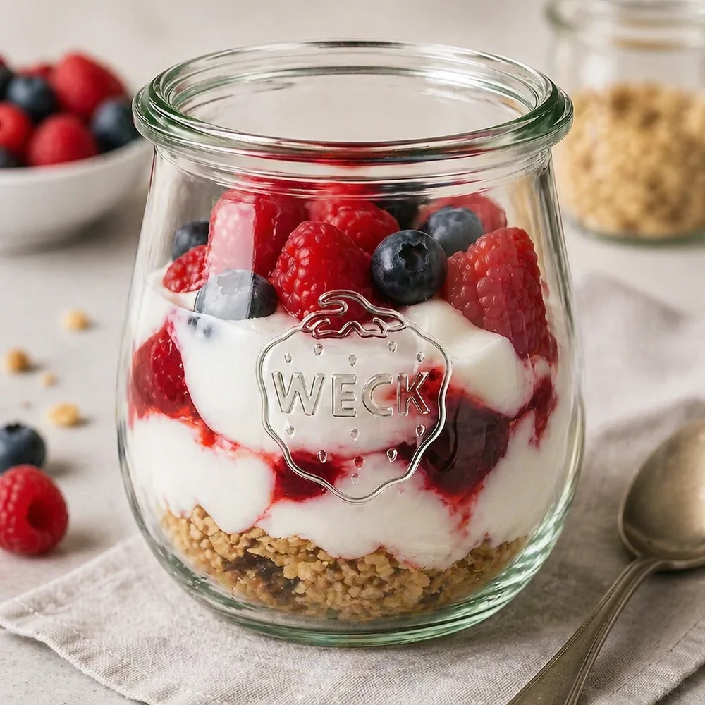 Vaso a tulipano da 220 ml WECK RR60 Vaso WECK a tulipano da 220 ml RR60 come vaso da dessert con yogurt, frutti di bosco e granola per una presentazione e una porzione perfette