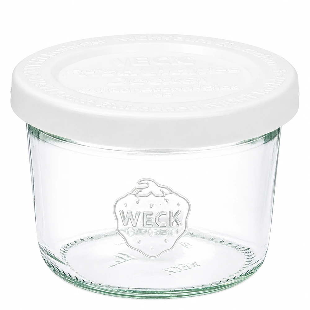 Barattolo da 80 ml con coperchio salva-freschezza WECK RR60 Bicchieri WECK da 80 ml con coperchio bianco per la freschezza RR60 in vetro trasparente con logo WECK per la conservazione e lo stoccaggio