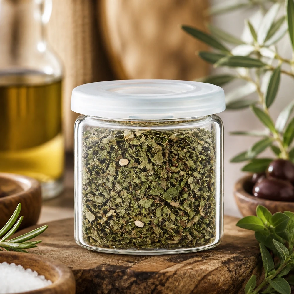 Piccolo barattolo di vetro chiuso contenente erbe aromatiche essiccate di colore verde, posato su un tagliere rustico di legno con gli ingredienti