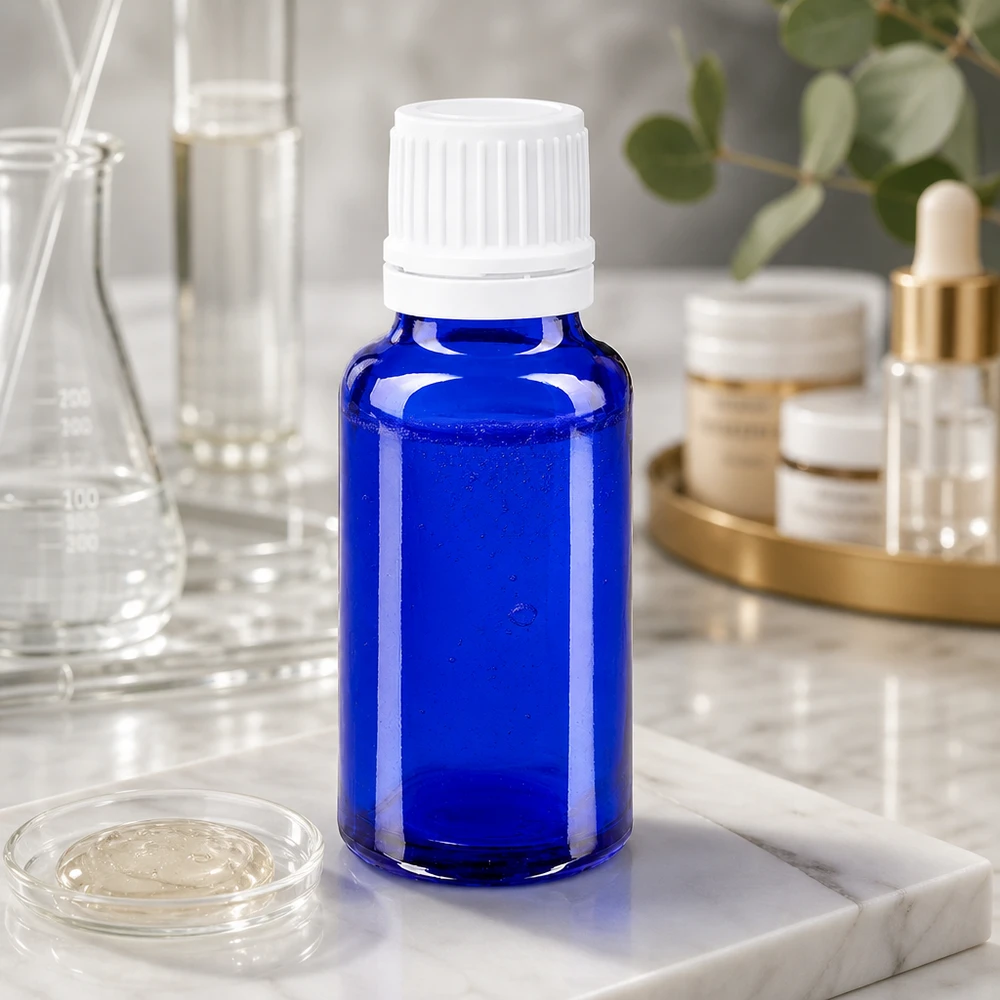 Apothekenflasche blau 20ml Schraubverschluss weiß Originalitätsverschluss Blaue Apothekerflasche 20ml mit Sicherheitsverschluss für Pharmazeutika auf weißem Marmor