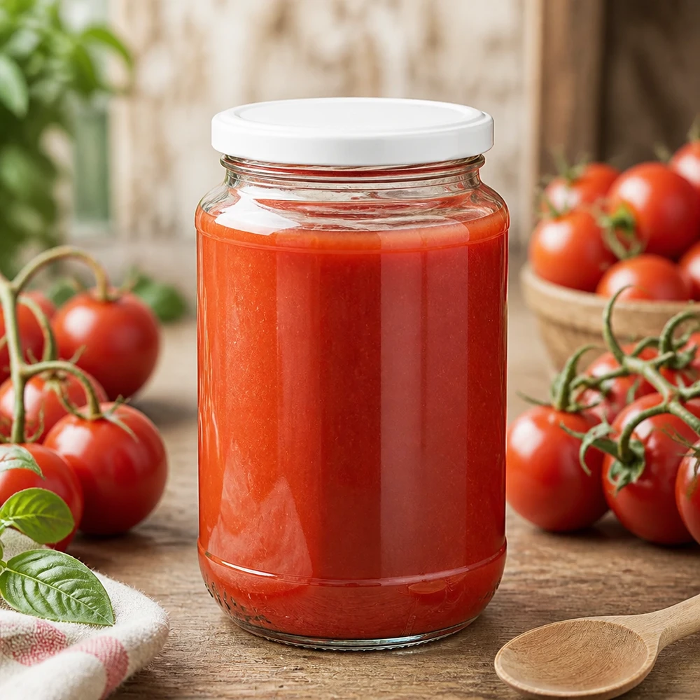 Hausgemachte Tomatensoße in 320ml UNiTWIST Rundglas mit weißem Schraubdeckel auf rustikalem Holztisch