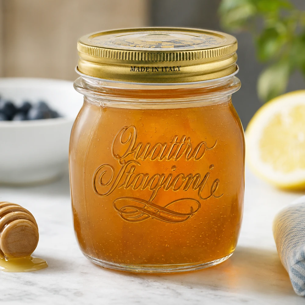 Barattolo rotondo "Quattro Stagioni" da 250 ml con coperchio Vasetto rotondo Quattro Stagioni da 250 ml con coperchio dorato pieno di miele sul bancone della cucina Made in Italy