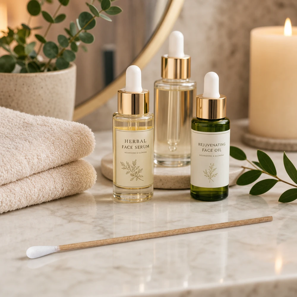 Boccioli di cotone UNSTERIL Bastoncini di cotone non sterili con manico di legno davanti allo specchio, accanto all’Herbal Face Serum e al Rejuvenating Face Oil