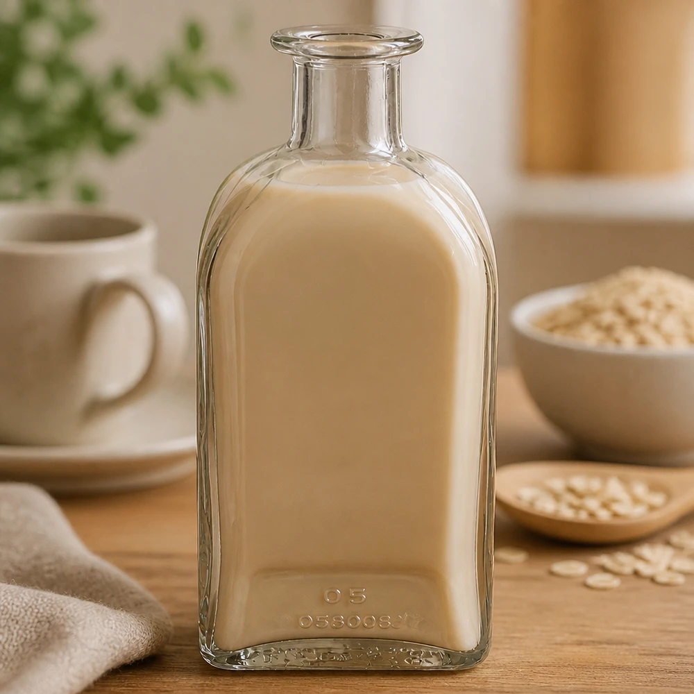 Bottiglia di vetro Julia da 500 ml riempita di liquido beige cremoso accanto a fiocchi d'avena e tazza in una calda atmosfera da cucina.