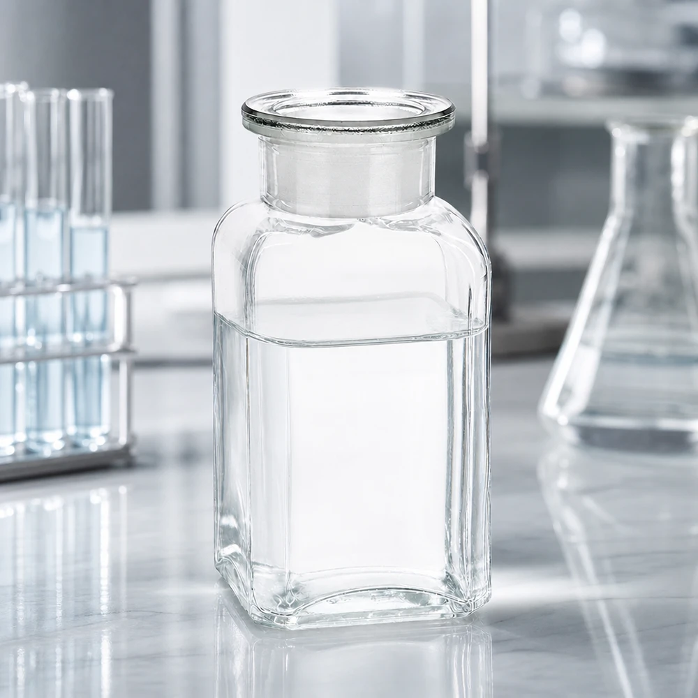 Bottiglia vuota quadrata da 100 ml trasparente con tappo di vetro su un tavolo da laboratorio bianco, tra le provette