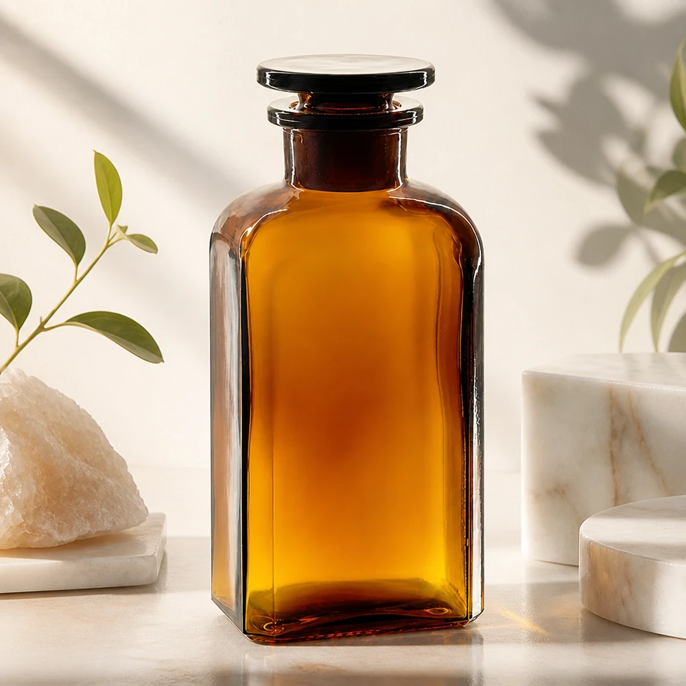Bottiglia quadrata da 250 ml in vetro ambrato a collo largo con tappo in vetro, di forma quadrata