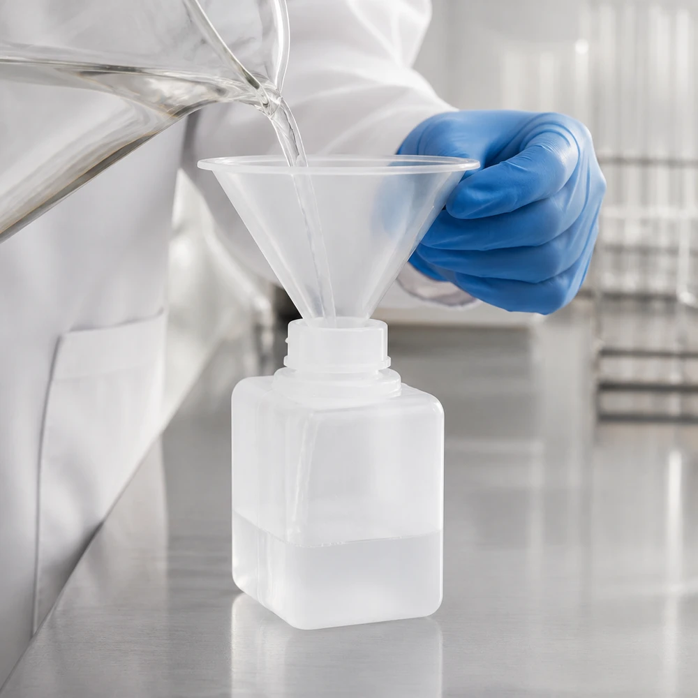 Flacon à produits chimiques 20 ml à col étroit, PEHD couleur naturelle, avec bouchon GL 18 Le flacon de produits chimiques en PE-HD de 20 ml, de couleur naturelle, est rempli en toute sécurité au laboratoire à l'aide d'un entonnoir