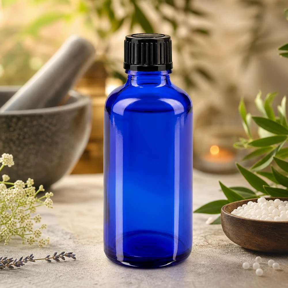 Apothekenflasche blau 50ml Schraubverschluss schwarz Standard Blaue Tropfflasche 50ml Apothekerglas mit schwarzem Verschluss in naturheilkundlichem Setting