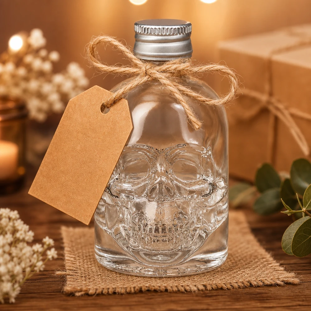 Bottiglia in vetro da 50 ml Hector con tappo a vite argento UNiTWIST® Bottiglia in vetro Hector da 50 ml con teschio in rilievo, decorata con un fiocco di iuta e un'etichetta in carta kraft.