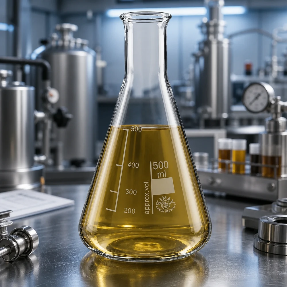 Erlenmeyer 500ml col large, verre borosilicate Fiole scientifique Erlenmeyer 500ml en verre transparent avec substance d'essai jaune d'or