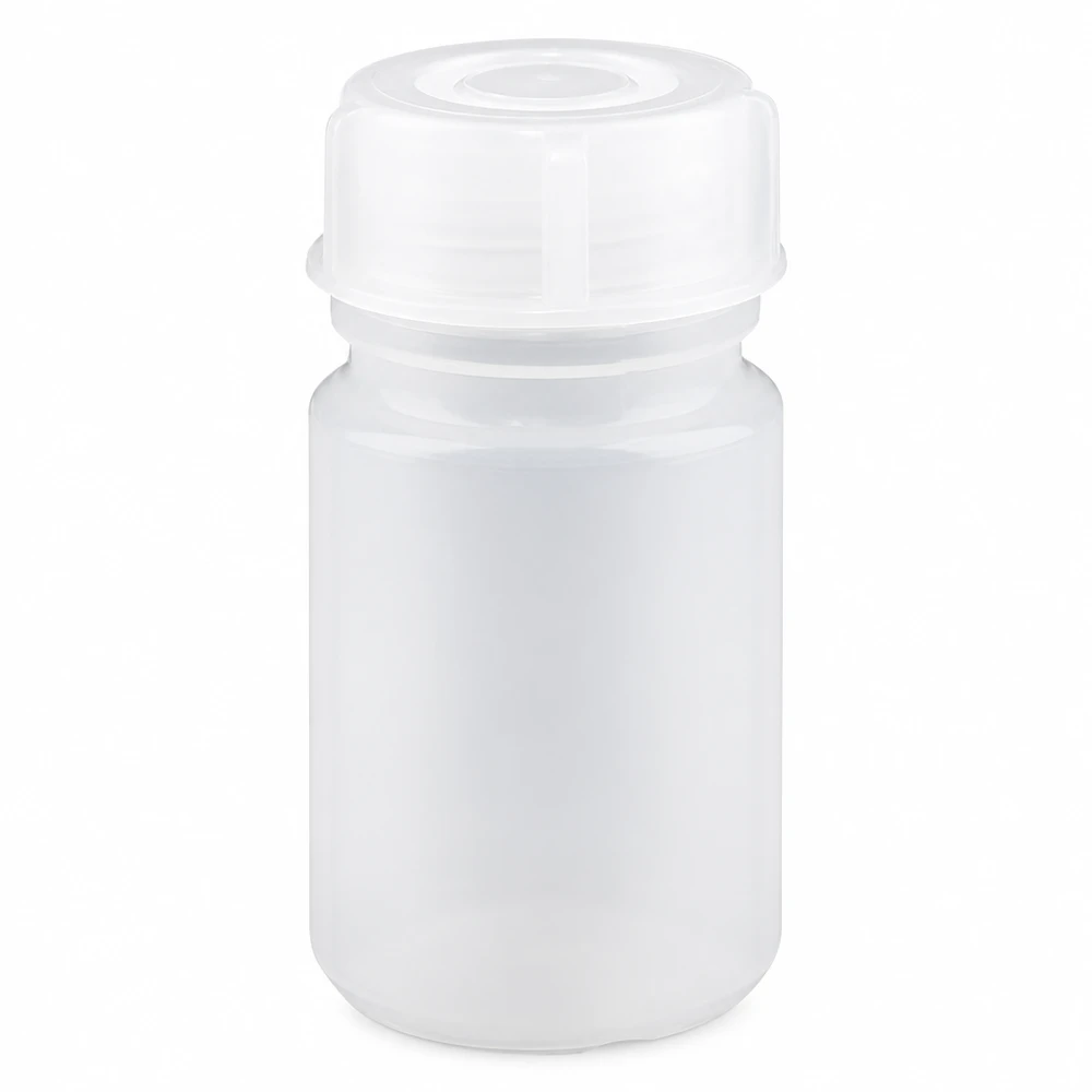 Kleine weiße HDPE Laborflasche 50ml mit breiter Öffnung und sicherem Schraubdeckel