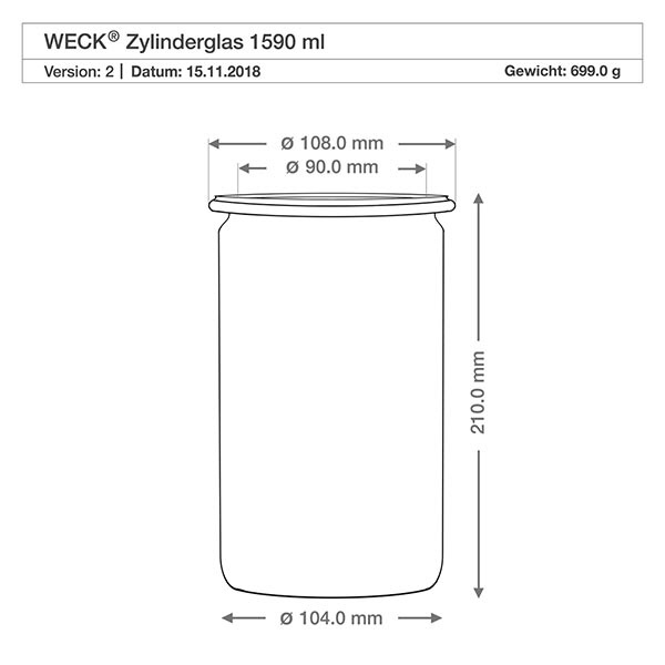 Vaso cilindrico da 1590 ml WECK RR100 con tappo in sughero naturale WECK Zylinderglas 1590ml RR100 technische Zeichnung mit Maßangaben Durchmesser Höhe Gewicht Produktspezifikation