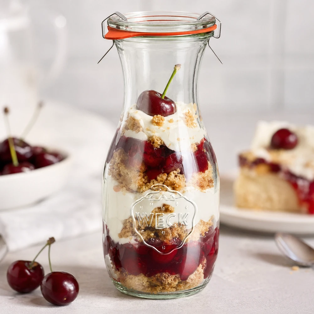 Set completo con bottiglia per succhi da 530 ml WECK RR60 Bottiglia di succo WECK da 530 ml RR60 come barattolo da dessert riempito con dessert a strati di ciliegie e crema accanto a ciliegie fresche