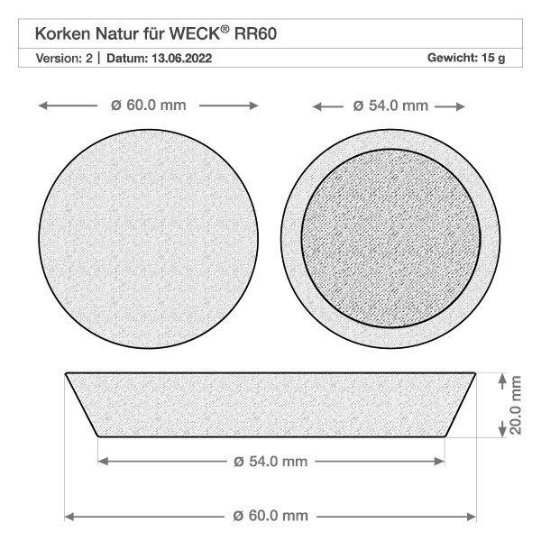 Vaso cilindrico da 340 ml WECK RR60 con tappo in sughero naturale Disegno tecnico sughero naturale per vaso WECK RR60 con dimensioni 60mm diametro 15g peso Specifiche prodotto