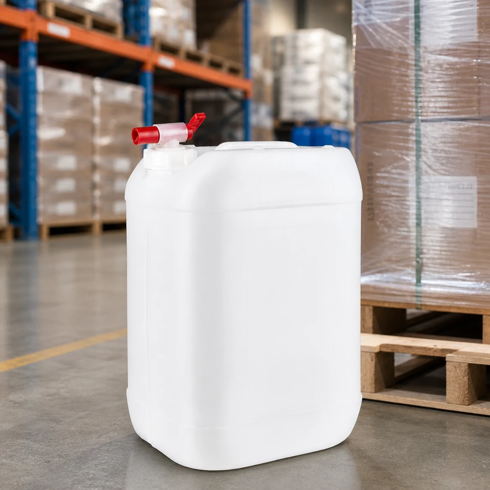 Jerrican de 25 litres avec robinet Bidon de 25 litres adapté au contact alimentaire, muni d'un robinet à boisseau sphérique rouge, posé sur le sol en béton de l'entrepôt